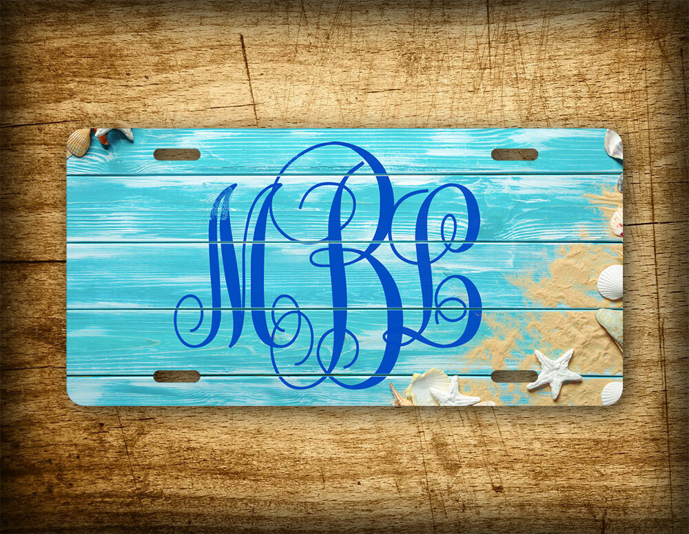Personalized Turquoise Blue Beach Themed Monogrammed License Plate Customized
