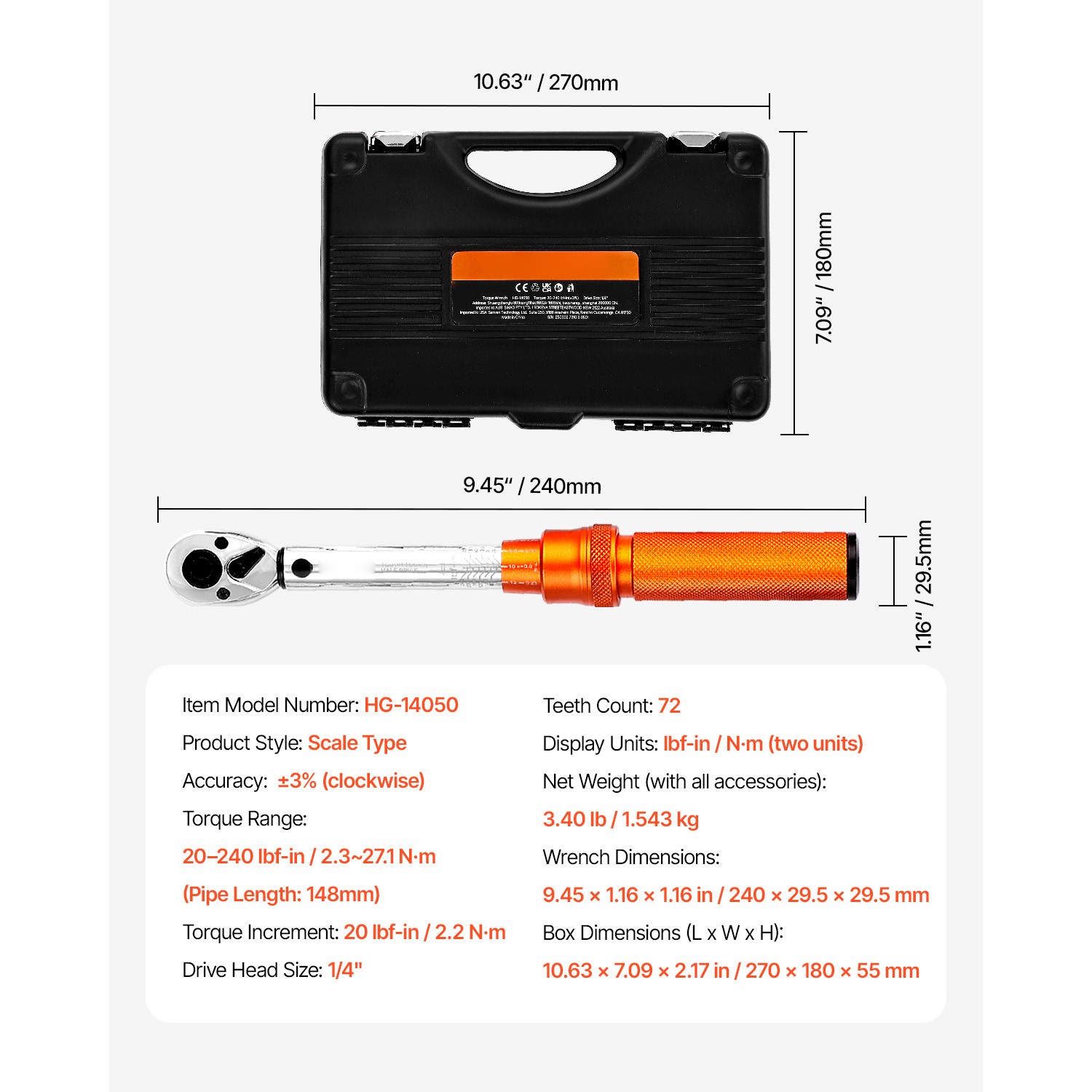Click Torque Wrench Set 1/4Inch Drive 20-240 lbf-in/2.3-27.1N.m Orange 72-Tooth