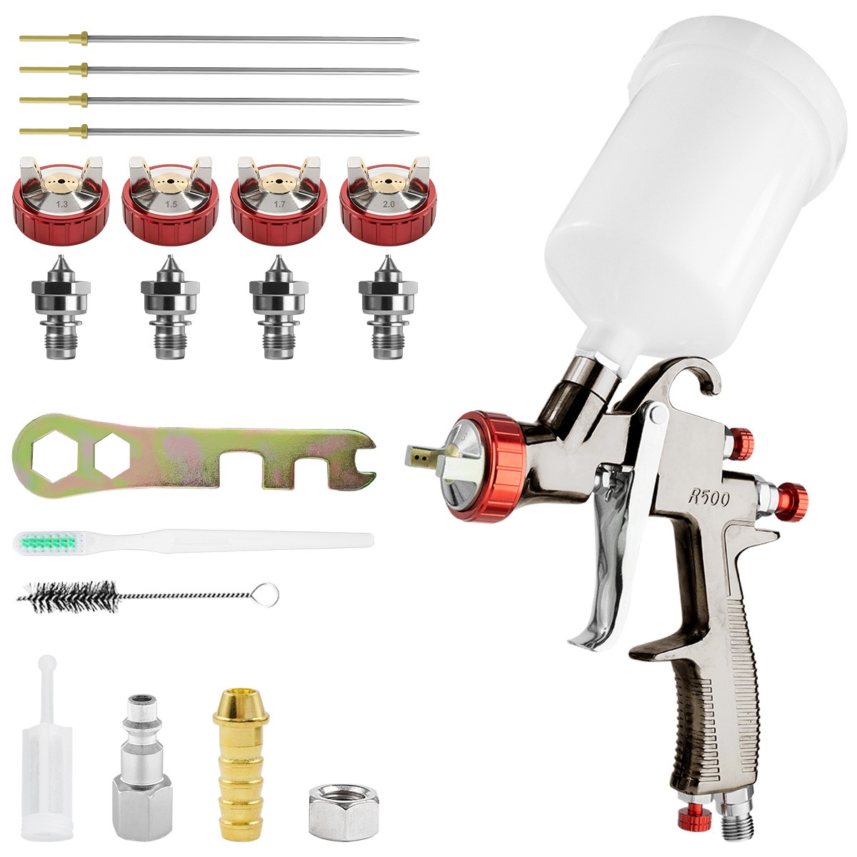 LVLP Spray Painting Paint Gun Gravity Feed 13/1.5/1.7/2.0mm Nozzles W/ 600ml Cup