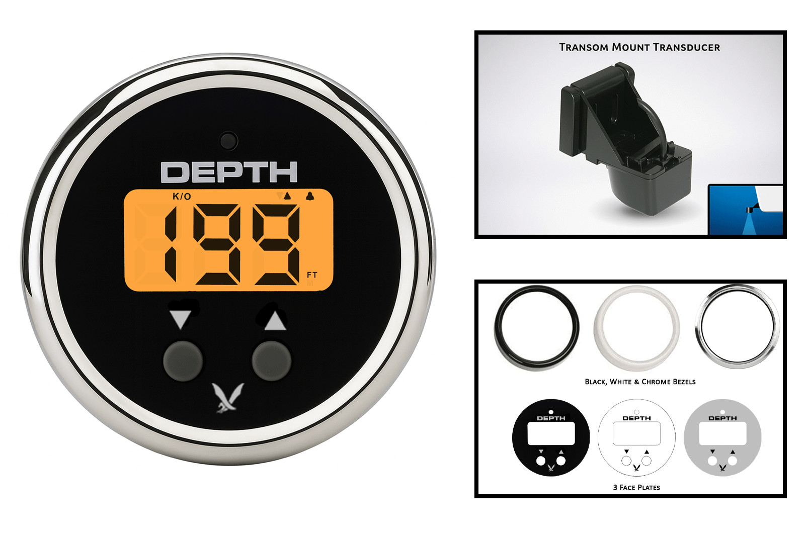 Hawkeye DepthTrax Prism Depth Gauge, Transom Mount Transducer, White Black Silve