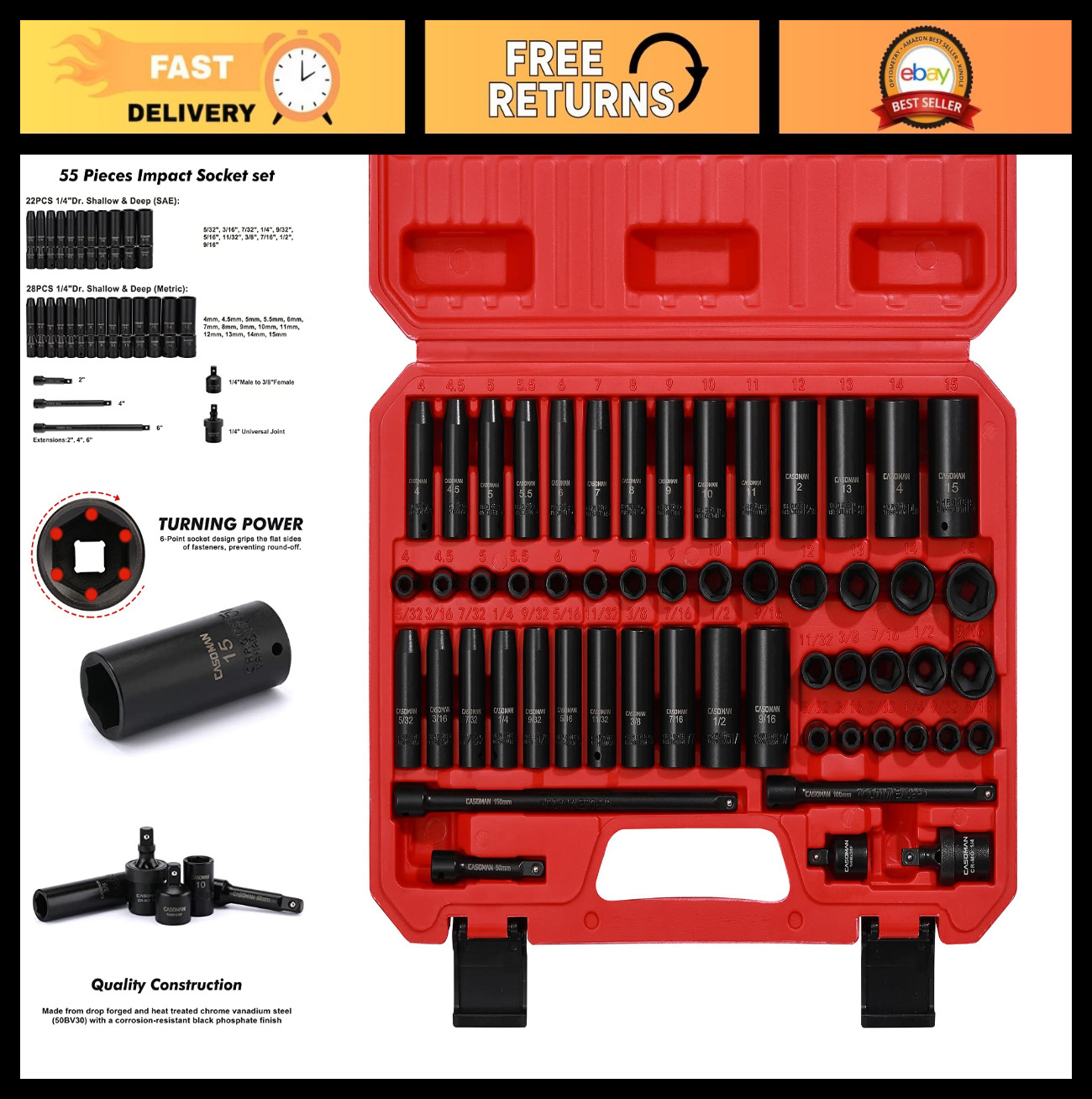 55PCS 1/4″ Drive Impact Socket Set – Shallow & Deep, Metric/SAE, 6-Point, Cr-V S