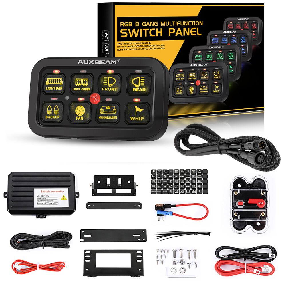 AUXBEAM AR-800 RGB 8 Gang Switch Panel + 4FT Extension Cable Line ATV UTV 12/24V
