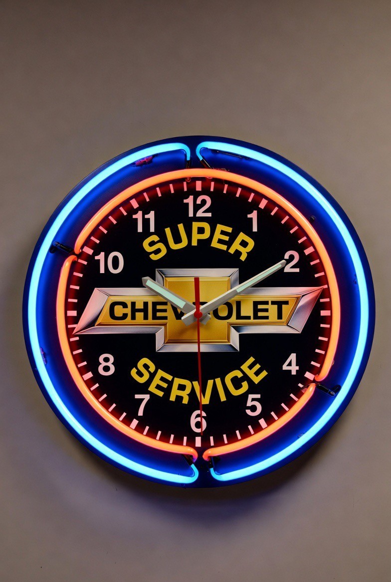 Neon Double Glass Tube Chevrolet Super Service Clock 15″