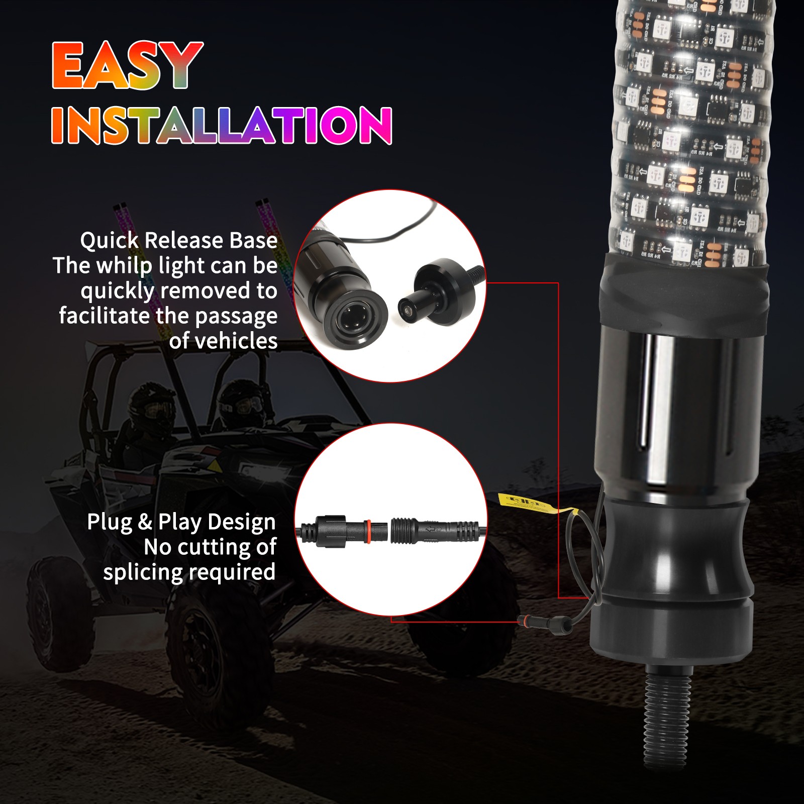 2PCS 2FT Fat LED Whip APP Controlled Antenas Whip Light for Polaris RZR ATV UTV