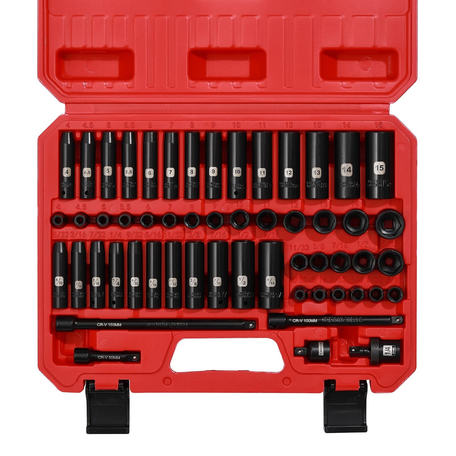 55PCS 1/4″ Drive Impact Socket Set – Deep & Shallow, CR-V, SAE/Metric, 6 Point