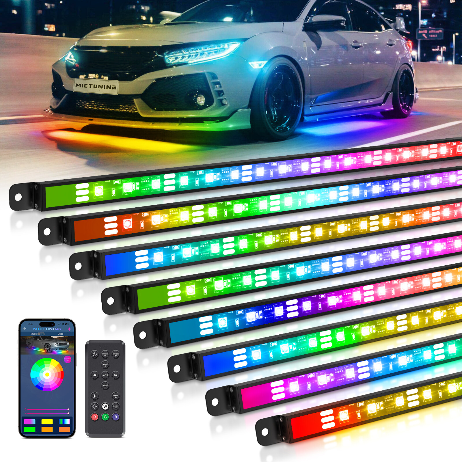 Bluetooth 8PCS RGB Car LED Underglow Lights Strip Dream Color Chasing Lights Kit