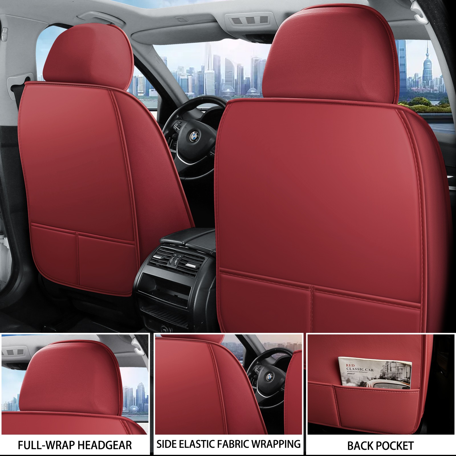 Luxury Nappa Leather Car Seat Covers with Lumbar Support Full Set Universal Fit