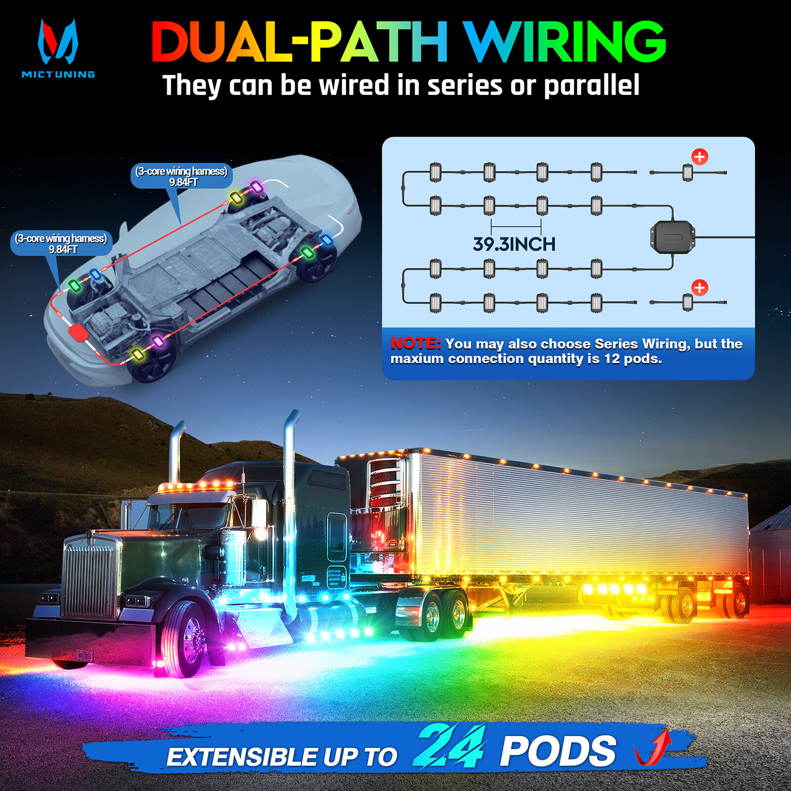 8 Pods RGB+IC LED Rock Lights Chasing Dream Color Underbody Underglow Light Kits