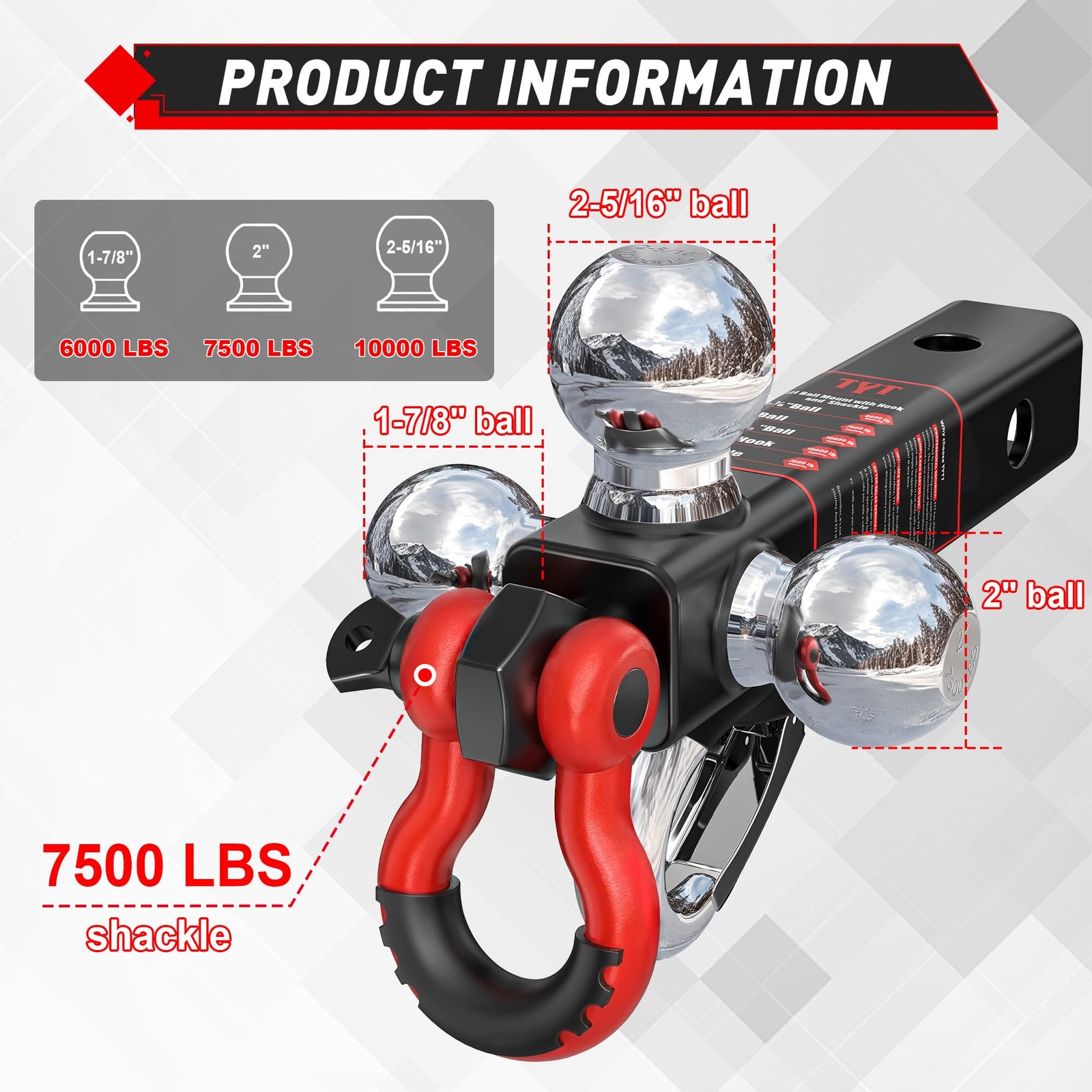 Tri Ball Hitch Trailer Mount w/ Lock, Tow Hook & Clevis Shackle Fits 2″ Receiver