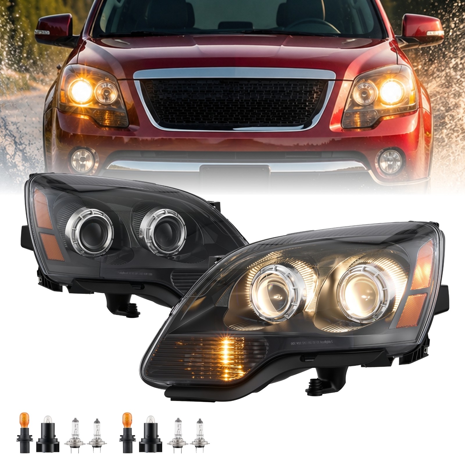 VRC Black Amber Projector Headlights for 2007-2012 GMC Acadia Left & Right Side
