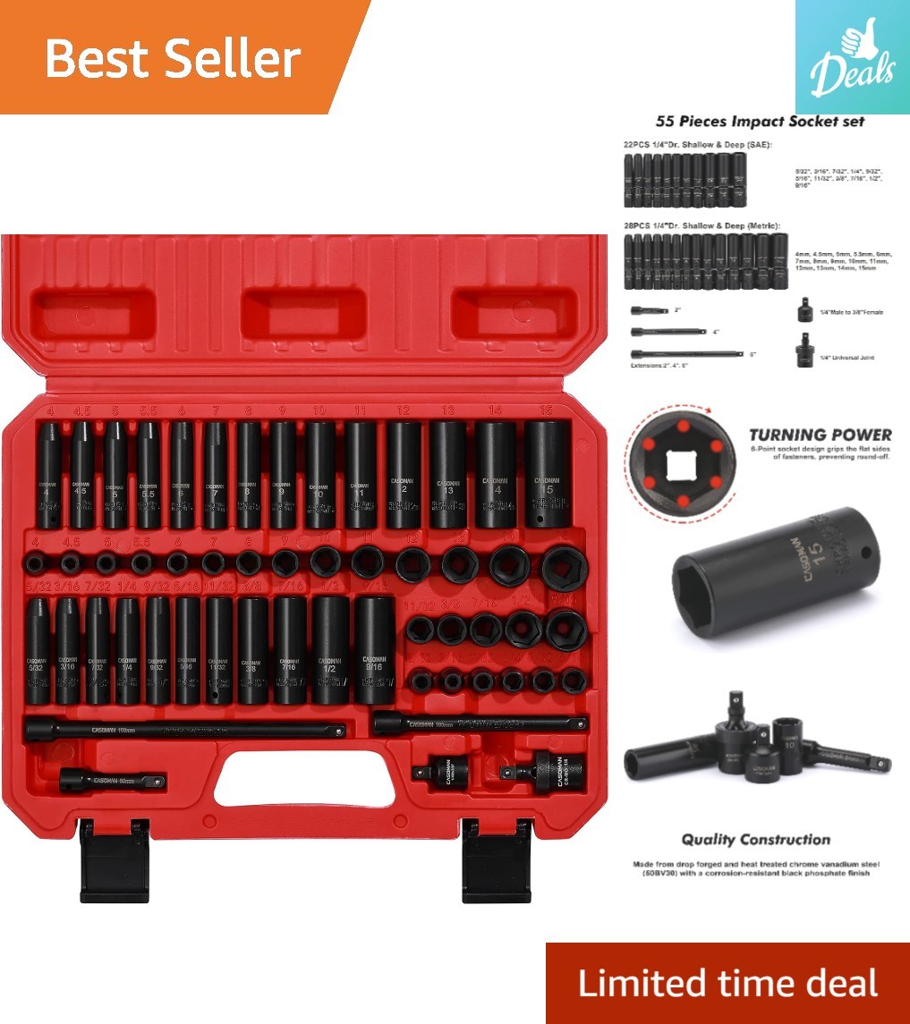 55PCS Socket Set, 1/4-Inch Drive, Cr-V Steel with Deep & Shallow Sockets