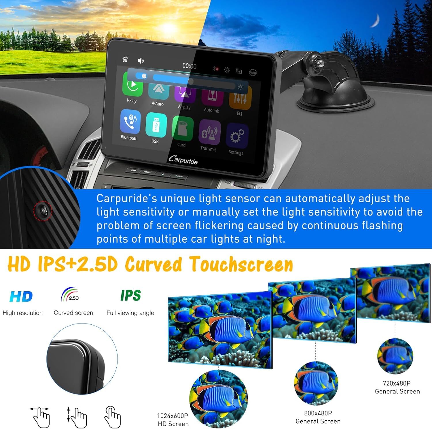Carpuride Wireless Carplay Android Auto Mirror Link Dual Bluetooth W/Backup Cam