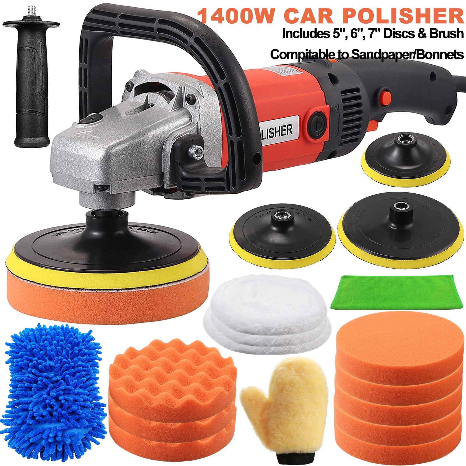Electric Rotary Car Polisher Buffer Sander 1400W Polishing Machine 5″ 7″ Pad Mop