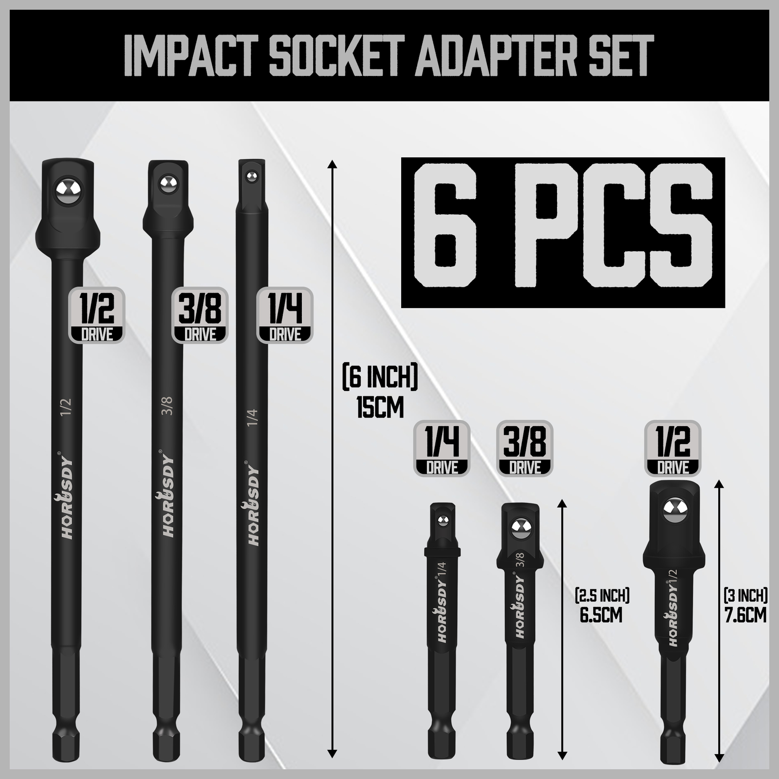 6 pc 6″ & 3″ Impact Grade Socket Adapter Set 1/4″ 3/8″ 1/2″ Drive 1/4″ Hex Shank