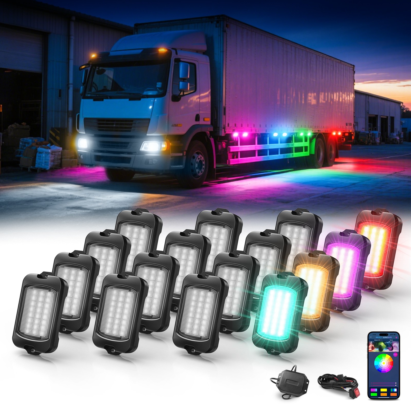 MICTUNING Q1 16 Pods RGB+IC LED Rock Lights Dream Color LED Underglow Neon Kits