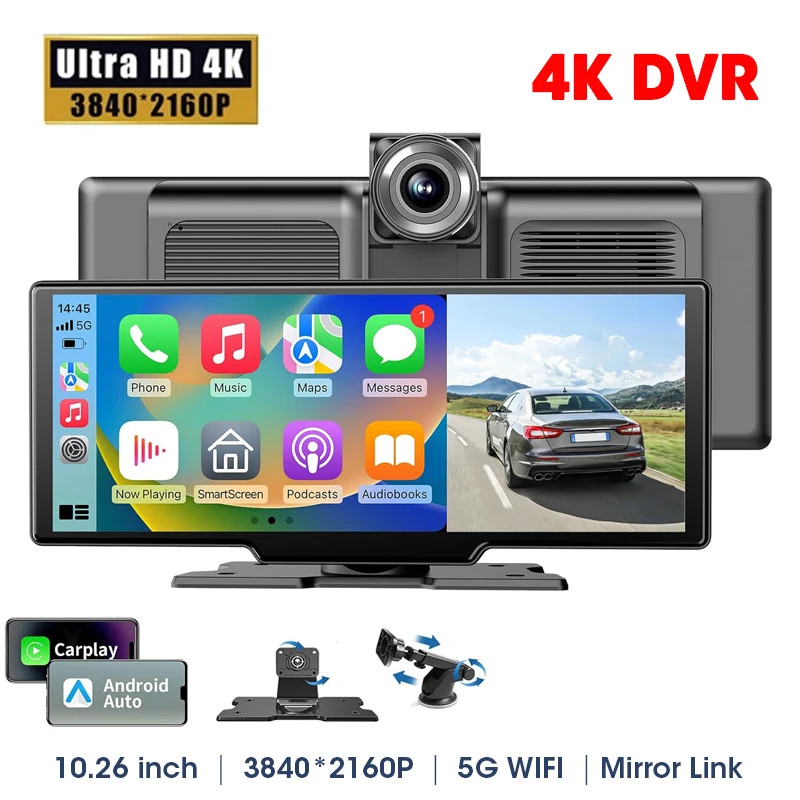 10.26 inch Dash Cam 4K Car DVR Wireless Carplay Android Auto GPS Navigation