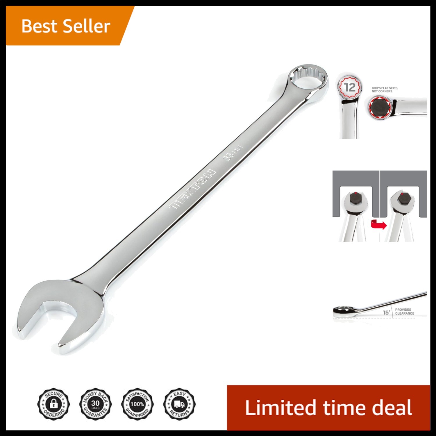 Premium 33 mm Combination Wrench with 15-Degree Open End for Tight Spaces