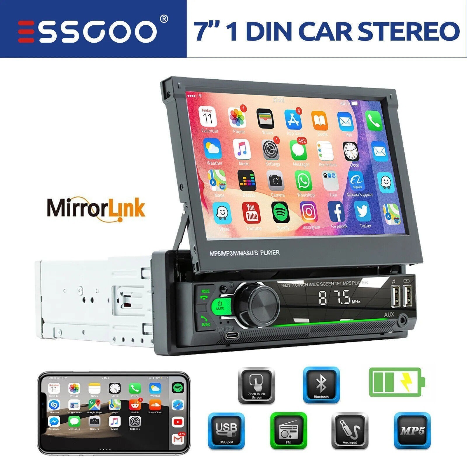 Single 1DIN 7″ Flip Out Car Stereo BT FM Radio Touch Screen MP5 Player Head Unit