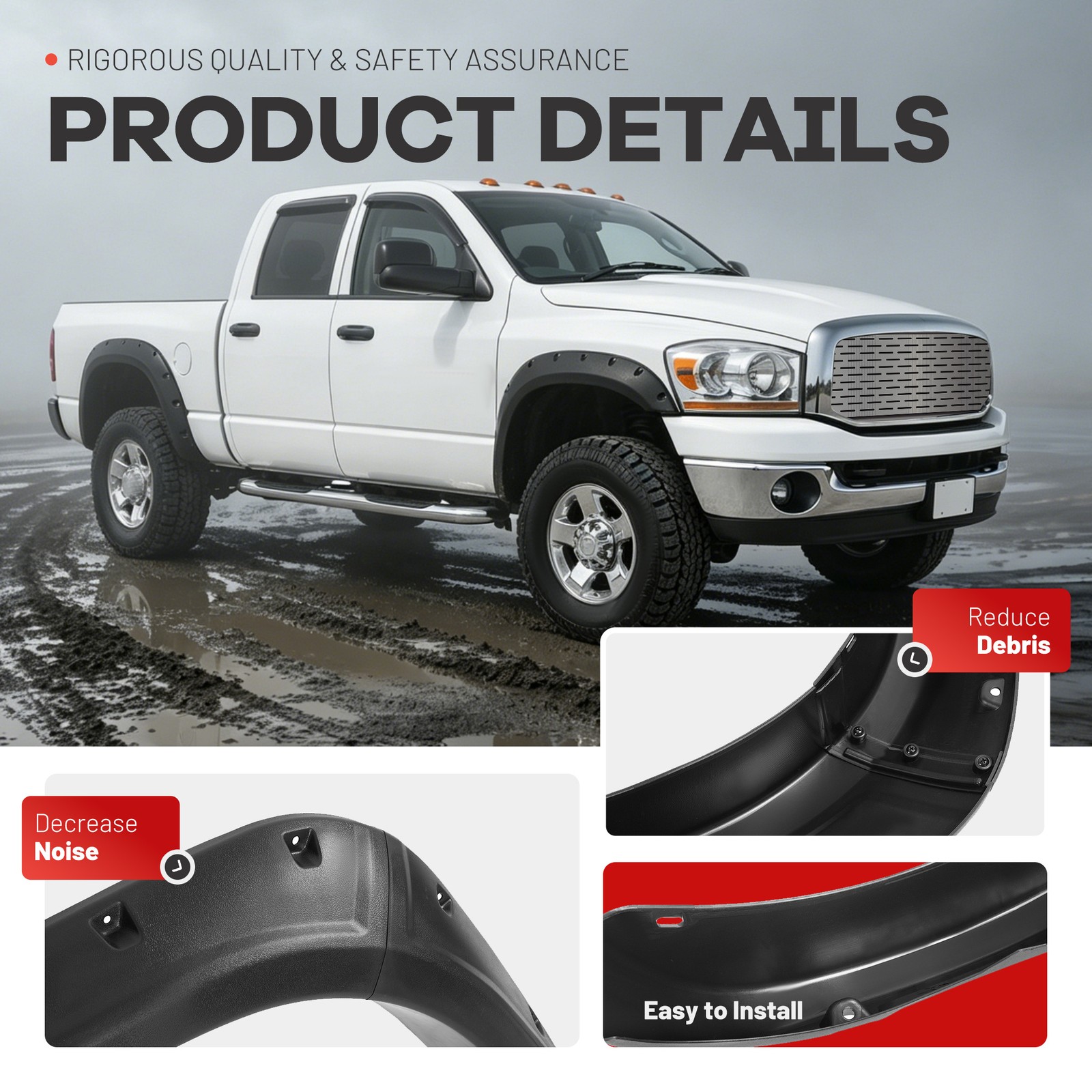 Front Rear Pocket Rivet Fender Flare Set For 02-08 Ram 1500 03-09 Ram 2500/3500