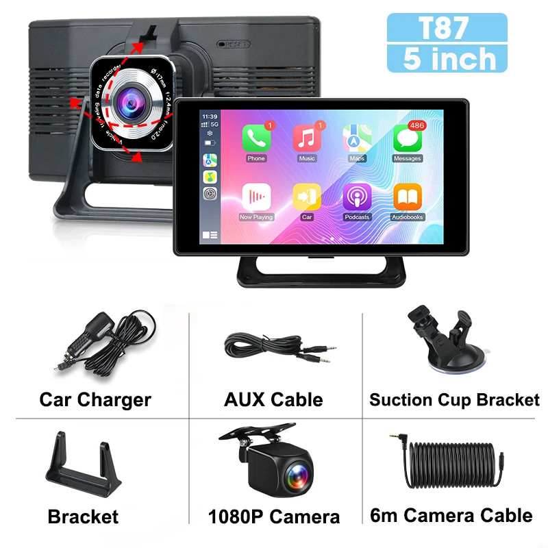 Portable 5 Inch 4K Car DVR Dash Cam Wireless Carplay & Android WIFI GPS