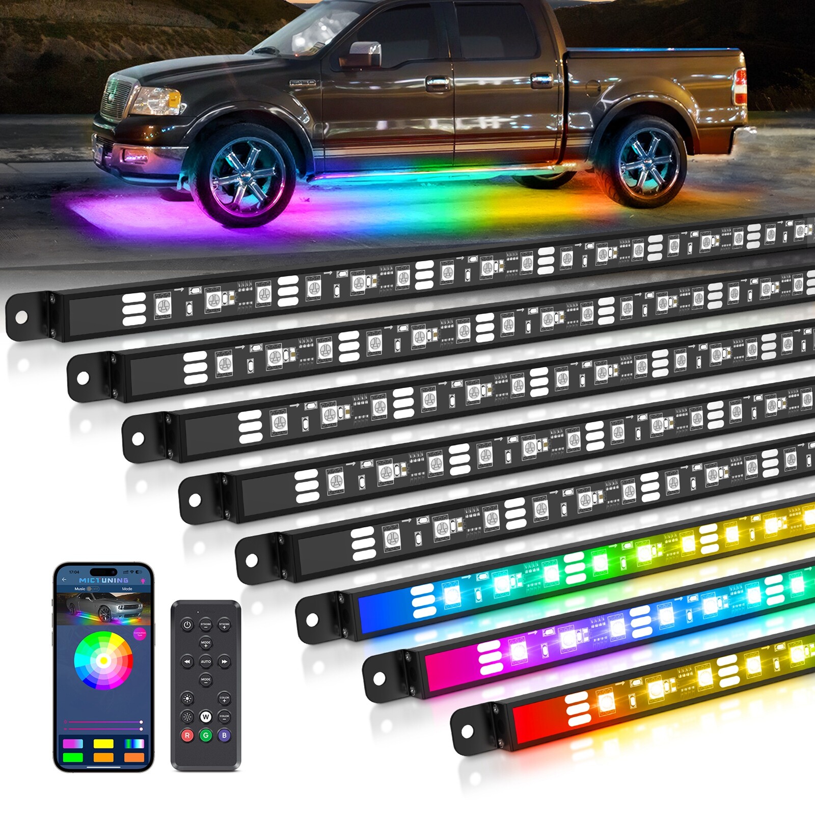 8Pcs Bluetooth RGB+IC Underglow Lights Bar, Dream Color Chasing Car Light Tubes