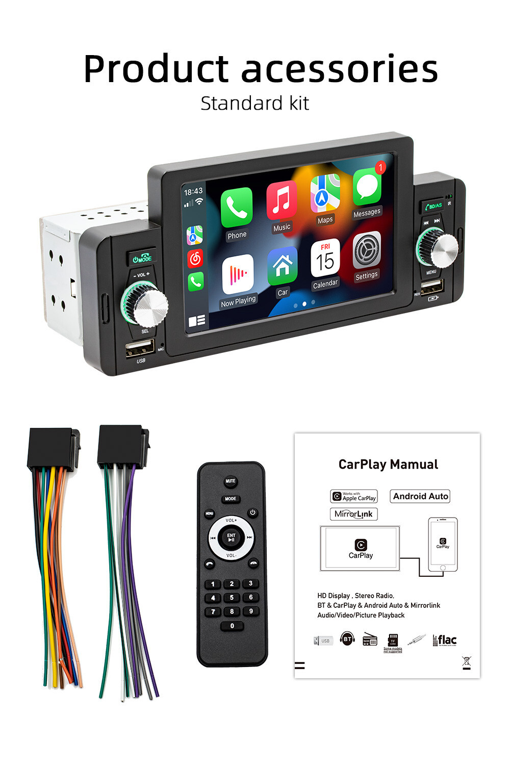 5in Car Radio Stereo MP5 Multimedia Player For Carplay Android Auto Mirror Link