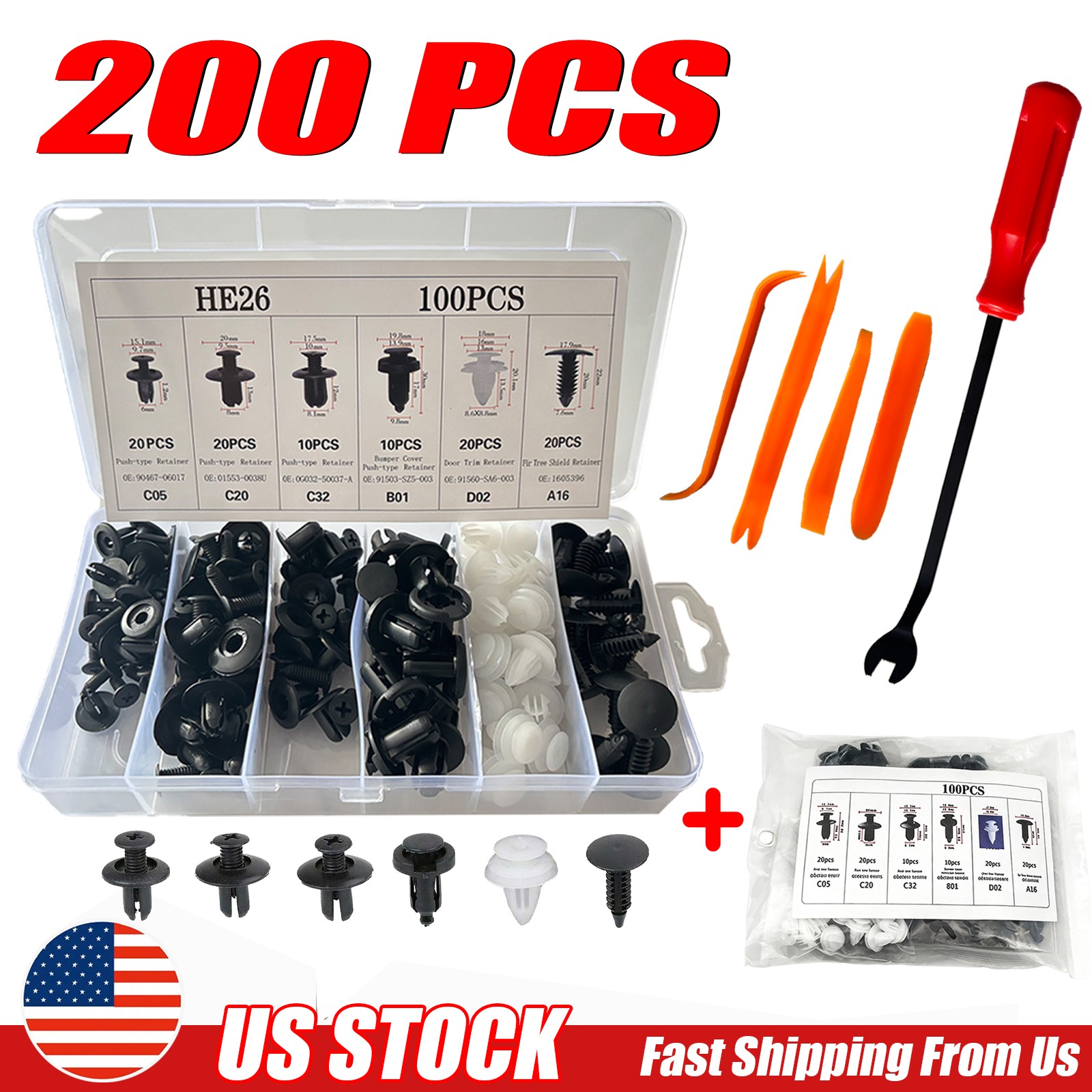 200pcs Auto Car Bumper Retainer Clips Kit Fastener Remover Push Pin Rivet Screw