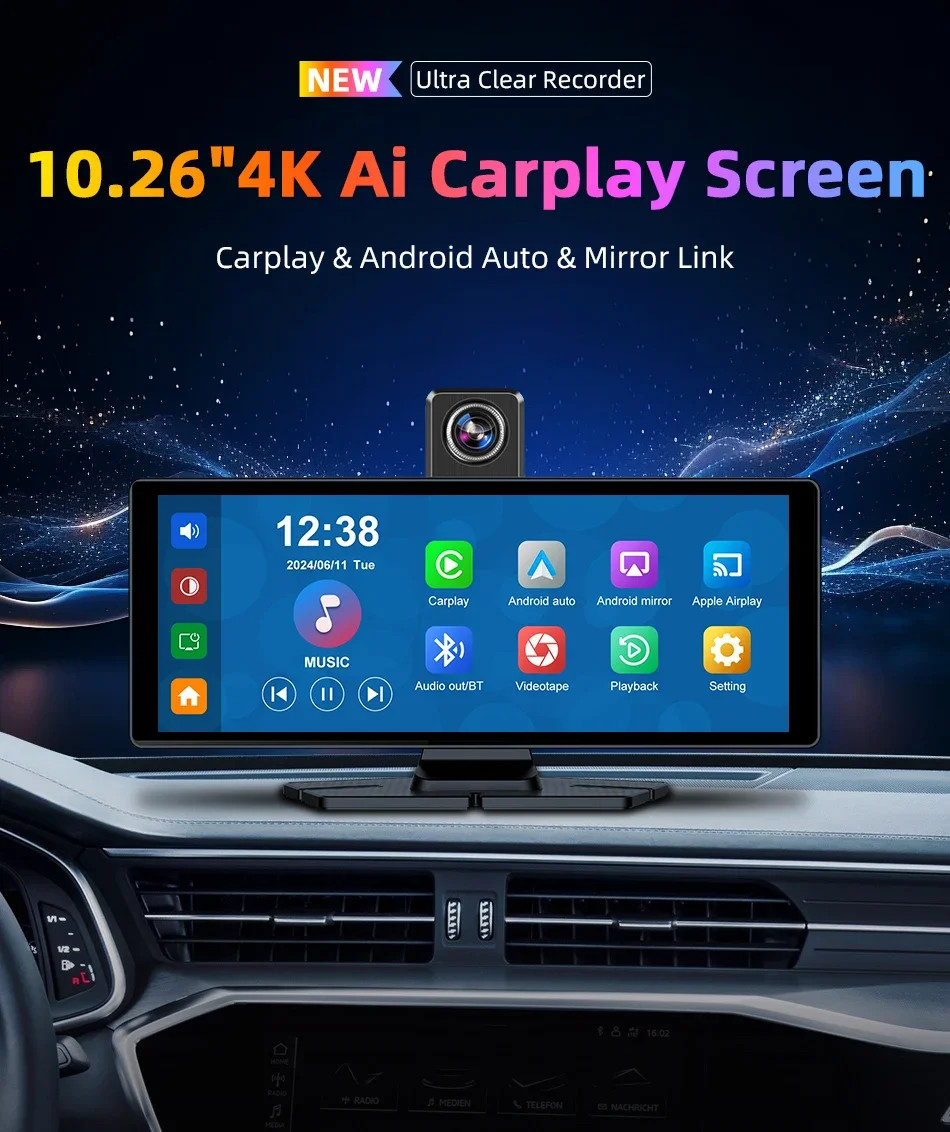 10.26″ 4K Dashcam 360° Rotating Lens Car DVR Wireless Carplay Android Auto GPS