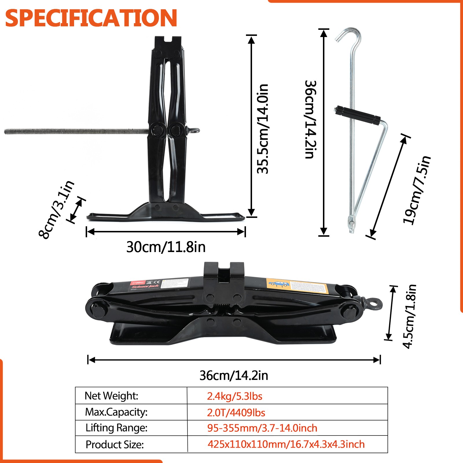 2 Ton 4,400 lb Heavy Duty Steel Scissor Car Jack w/ Crank Wrench & Storage Bag
