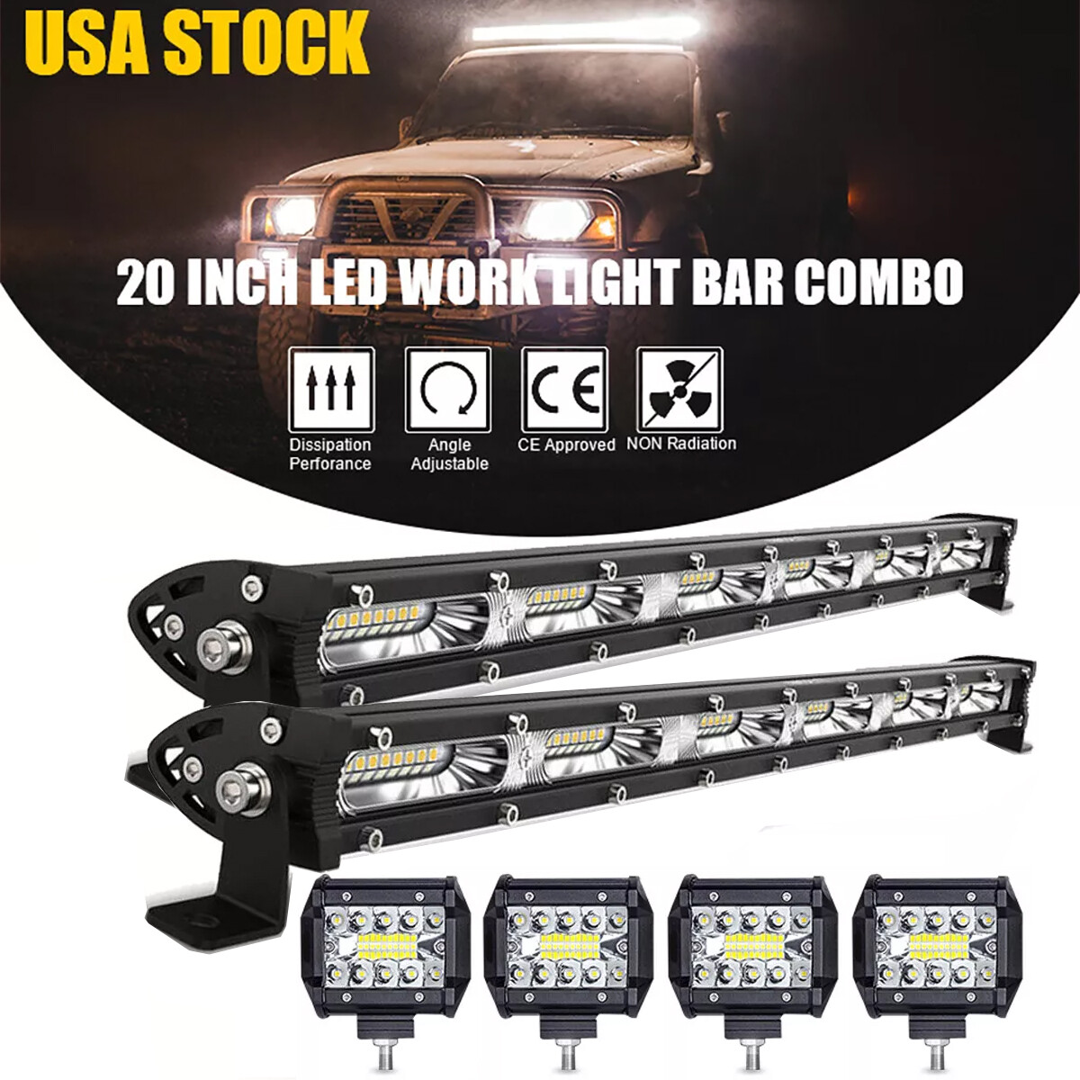 2x 20″ 1200W LED Light Bar Spot Flood Combo Light +4×4” Pods Truck SUV Offroad
