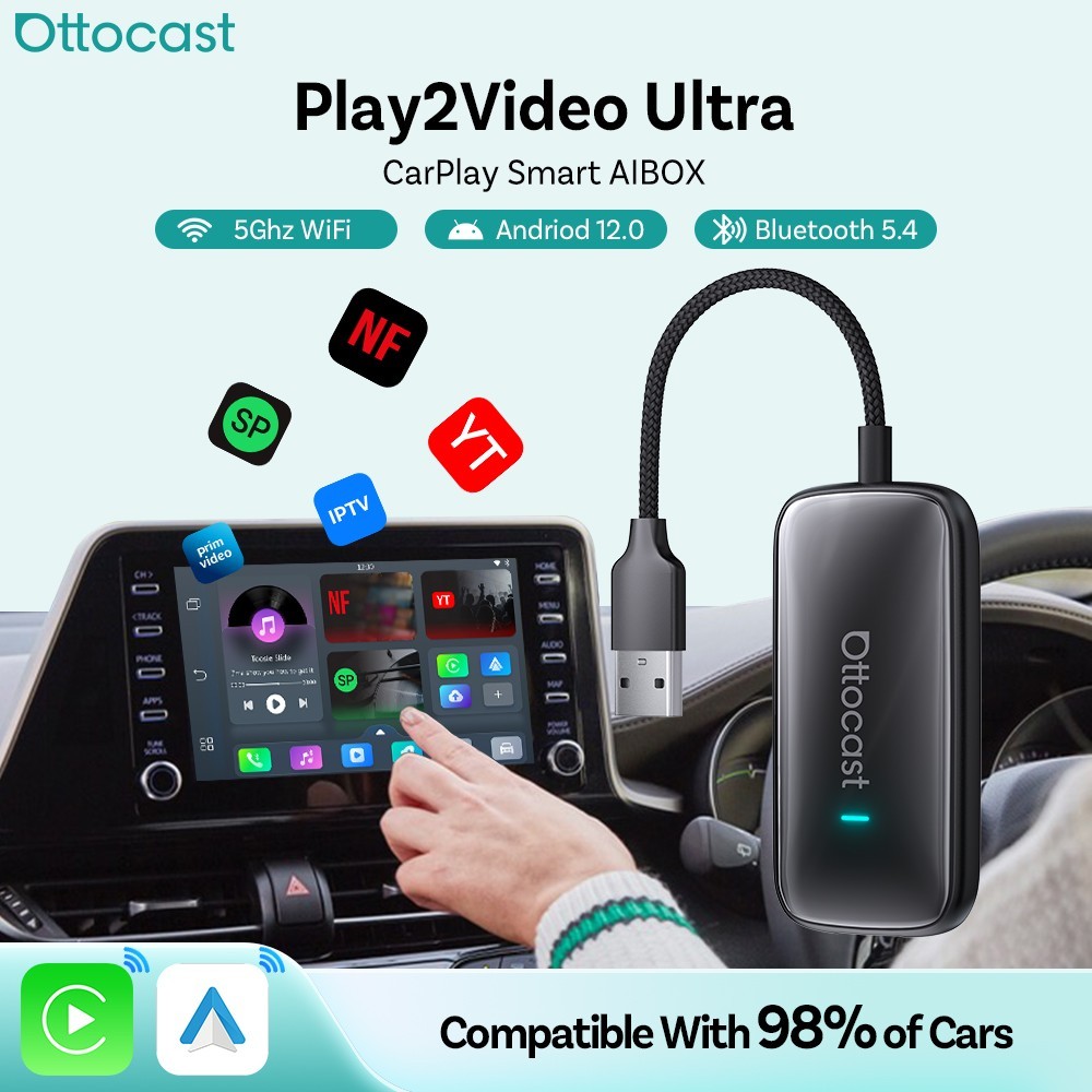 3 in 1OTTOCAST Play2Video Ultra CarPlay Ai Box & Wireless CarPlay Auto Adapter
