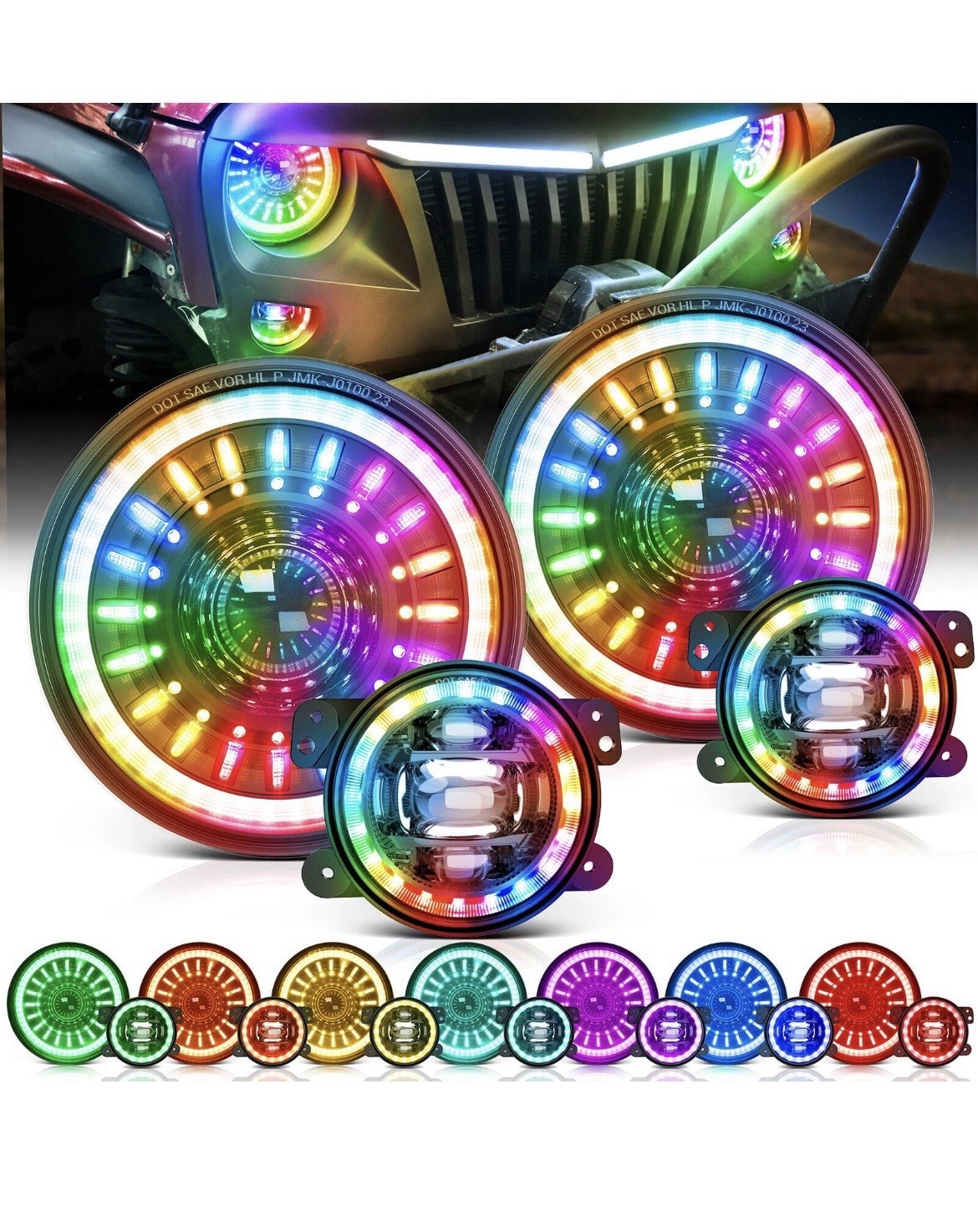 MICTUNING J1 RGB+IC 7-inch LED Headlights w/Fog Light Assembly for Jeep Wrangler