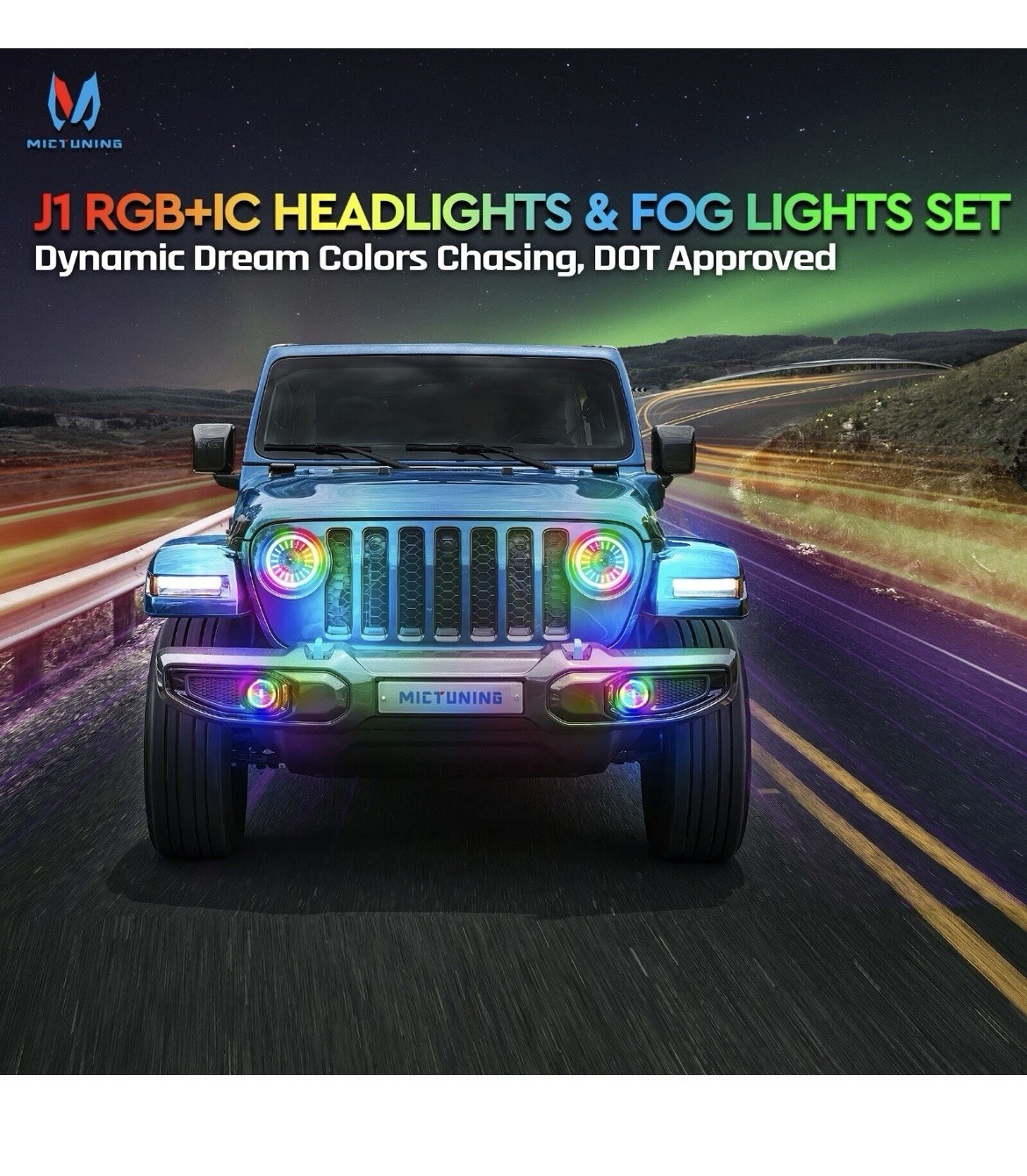 MICTUNING J1 RGB+IC 7-inch LED Headlights w/Fog Light Assembly for Jeep Wrangler