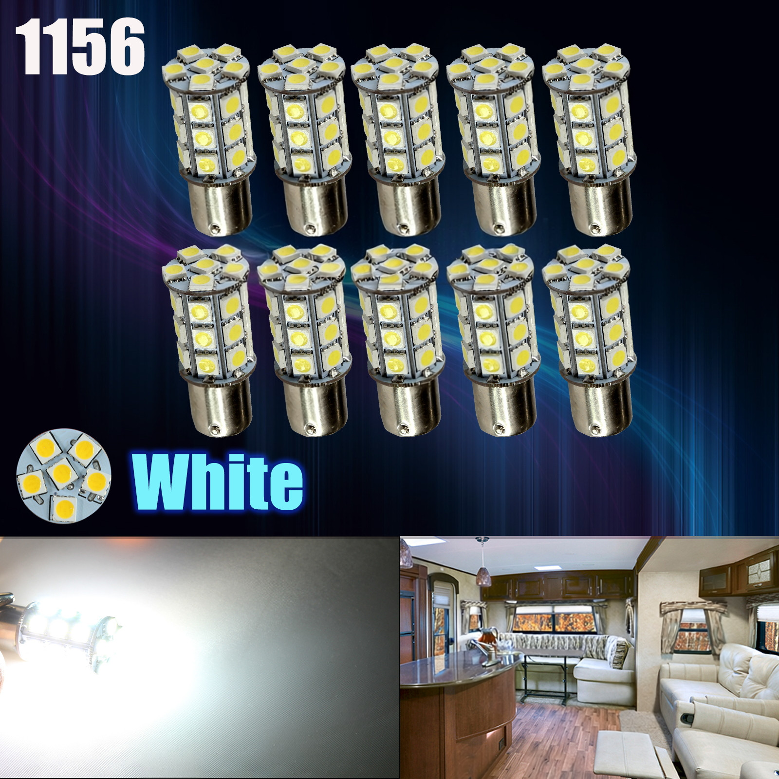 10pcs Warm White LED 1156 27-SMD RV Camper Trailer Interior Light Bulbs 1141 12V