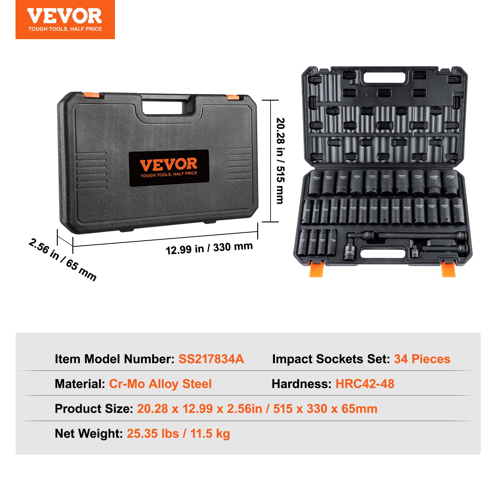 VEVOR Impact Sockets Set 34pcs 6-Point 1/2in Drive Bit Ratchet Tool Kit Case
