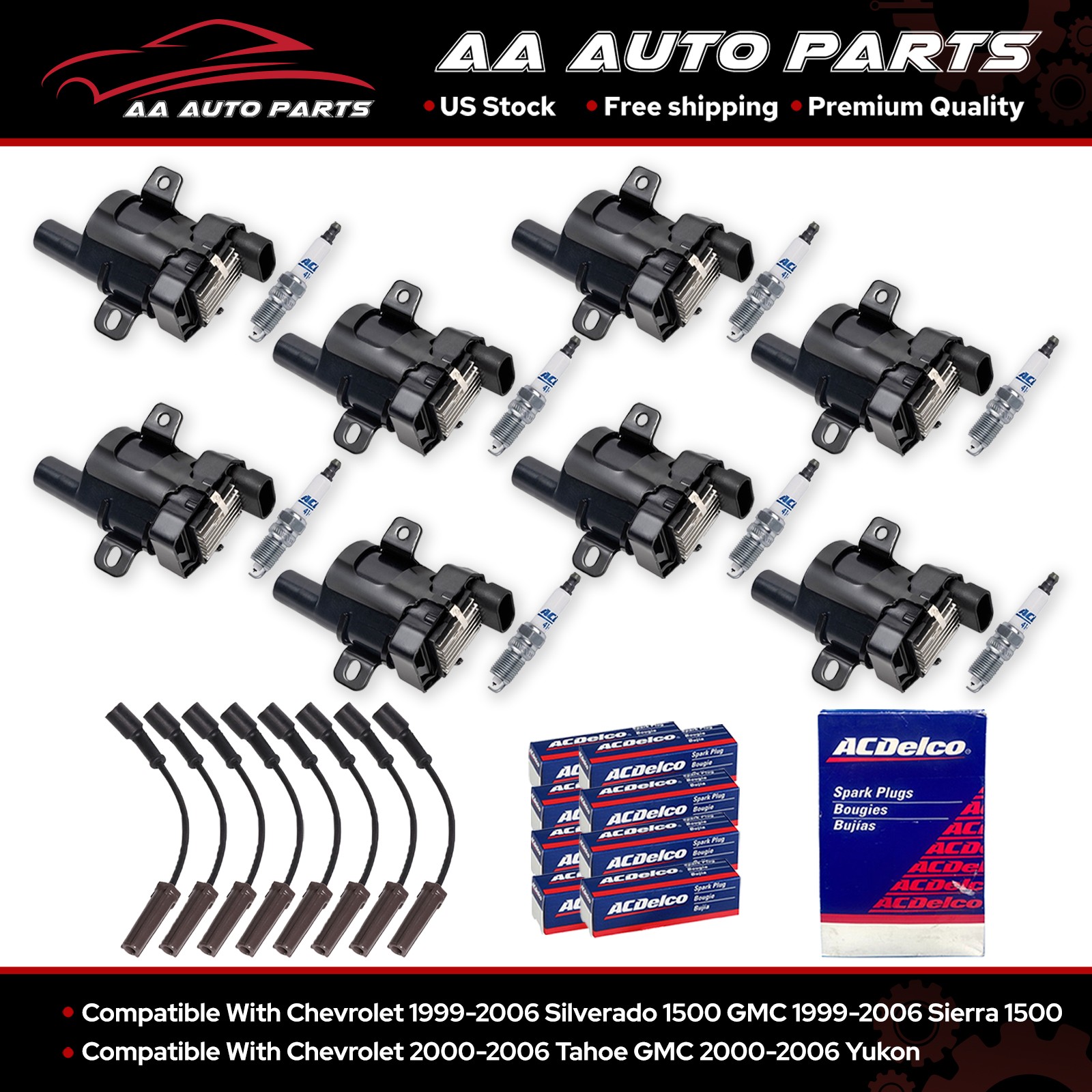 8 Round Ignition Coil & Wires & 8 ACDelco Spark Plug for Chevrolet GMC 5.3L 6.0L