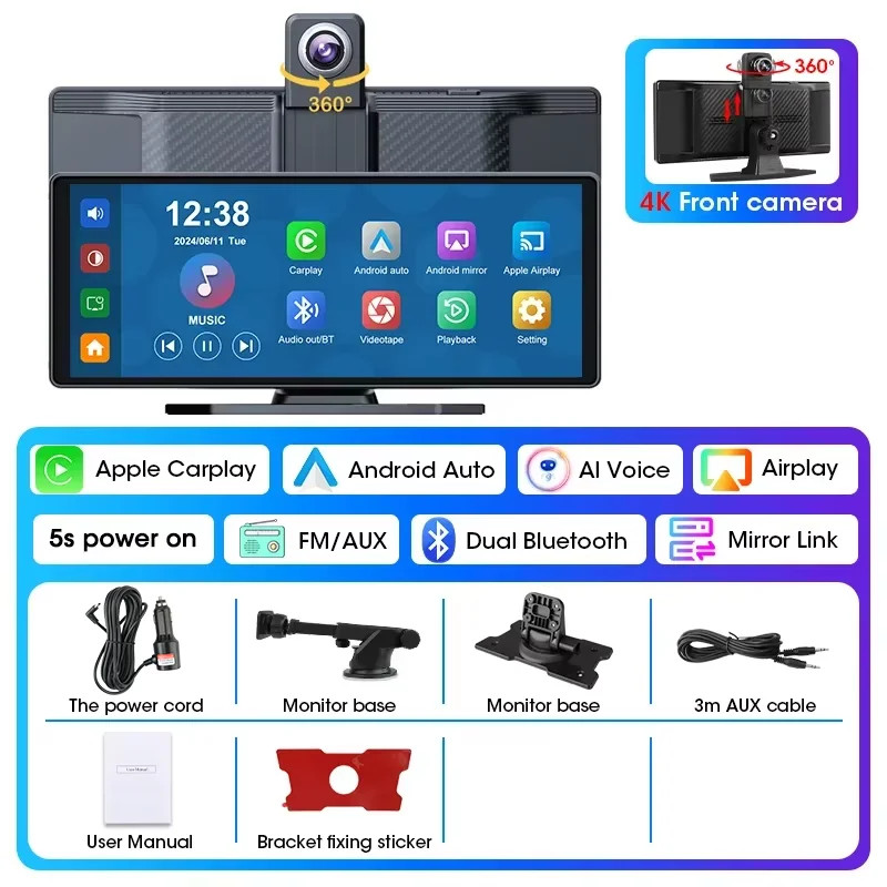 10.26″ 4K Dashcam 360° Rotating Lens Car DVR Wireless Carplay Android Auto GPS