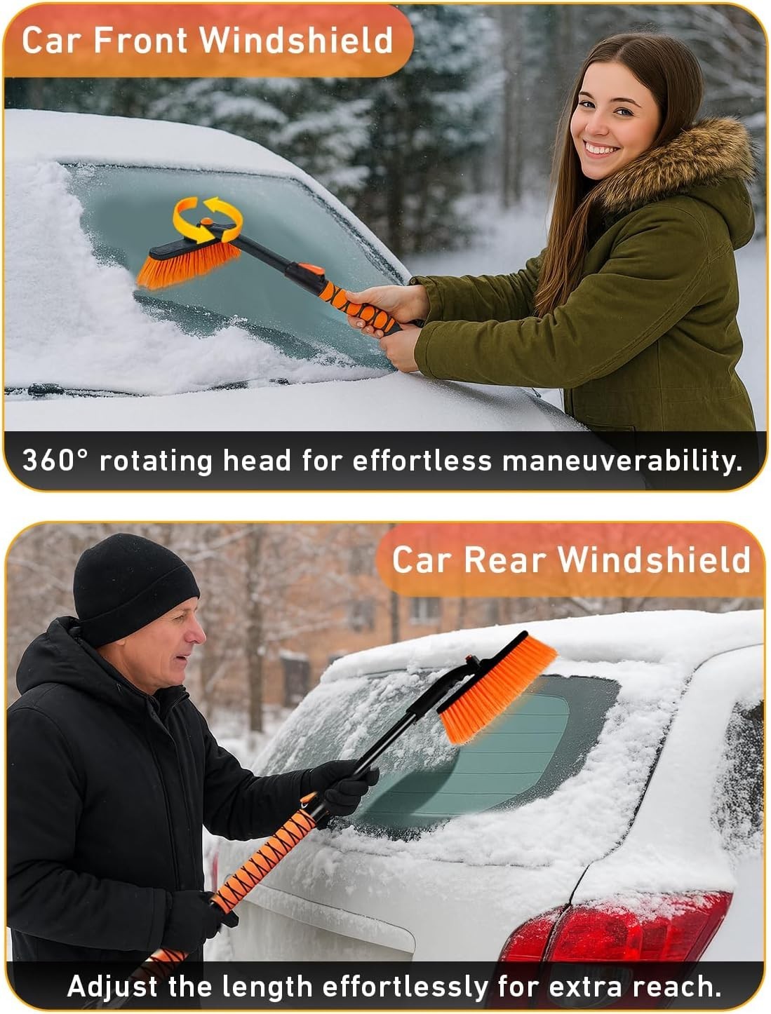 Ergonomic 44.7″ Snow Brush for SUV – Paint-Safe Ice Scraper with Pivoting Head