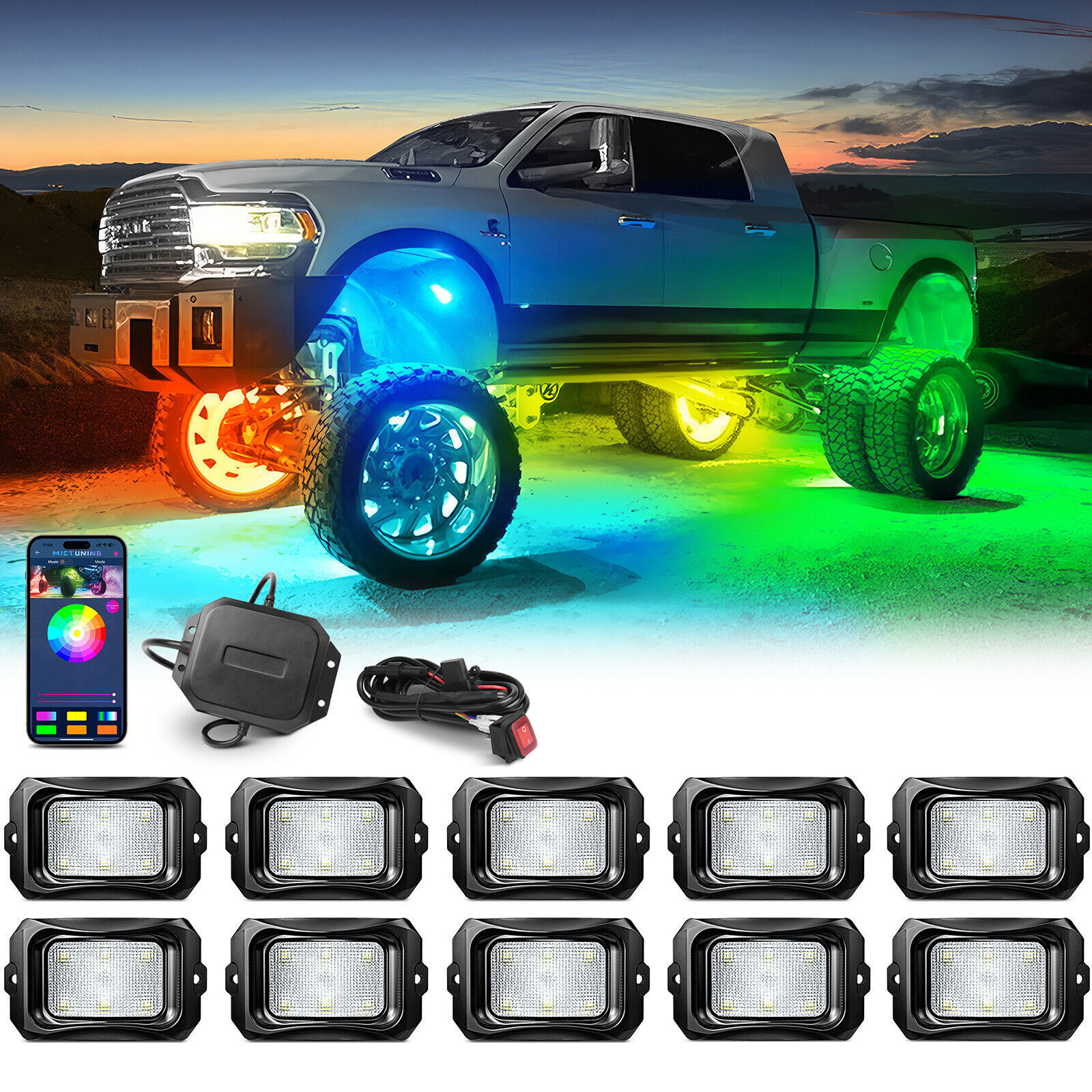 Complete MICTUNING 10-Pod Rock Light Kit Multi-Color App Control for Underglow