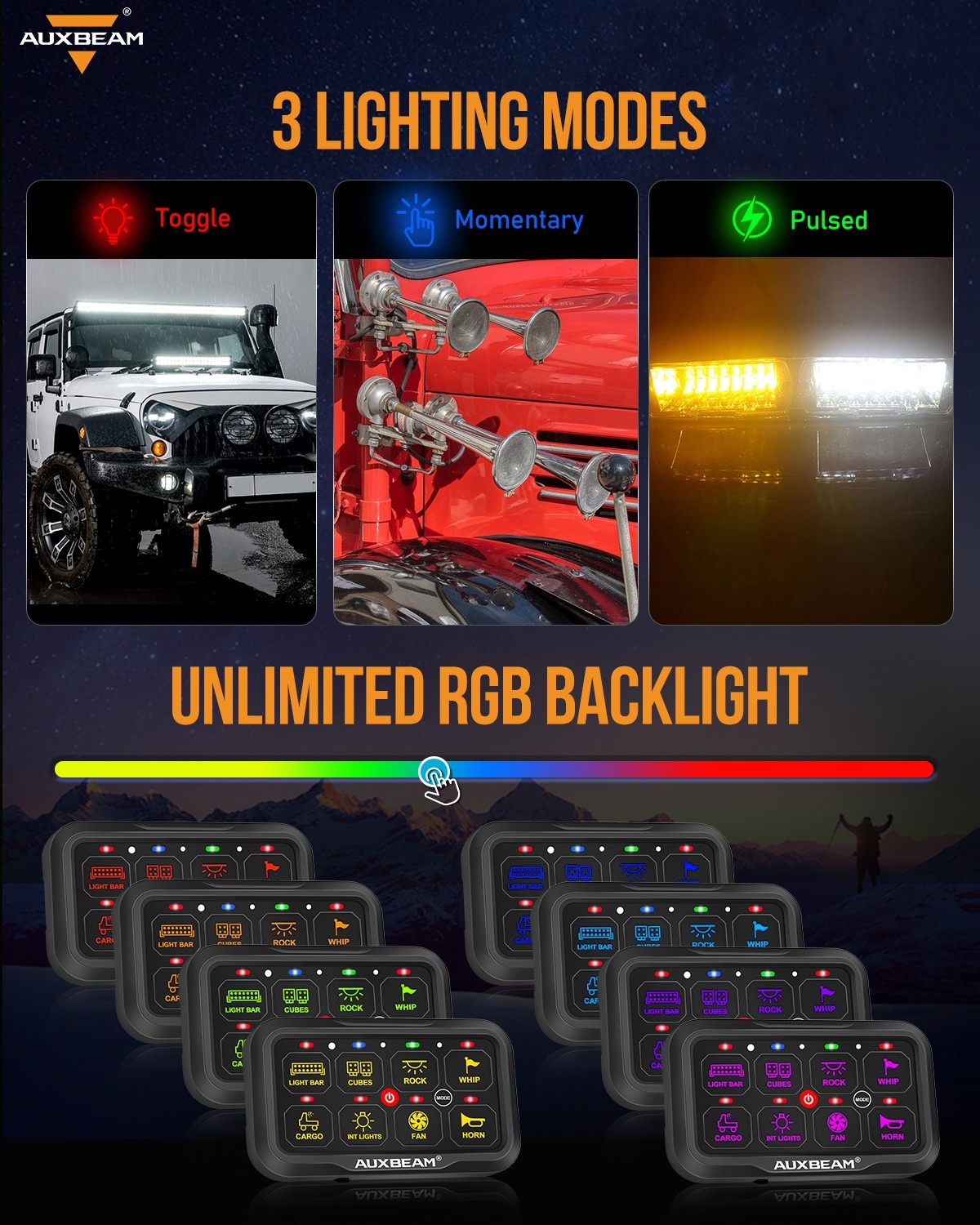 AUXBEAM AR-800 Multifunction 8 RGB Switch Panel Bluetooth & 47In Extension Cable