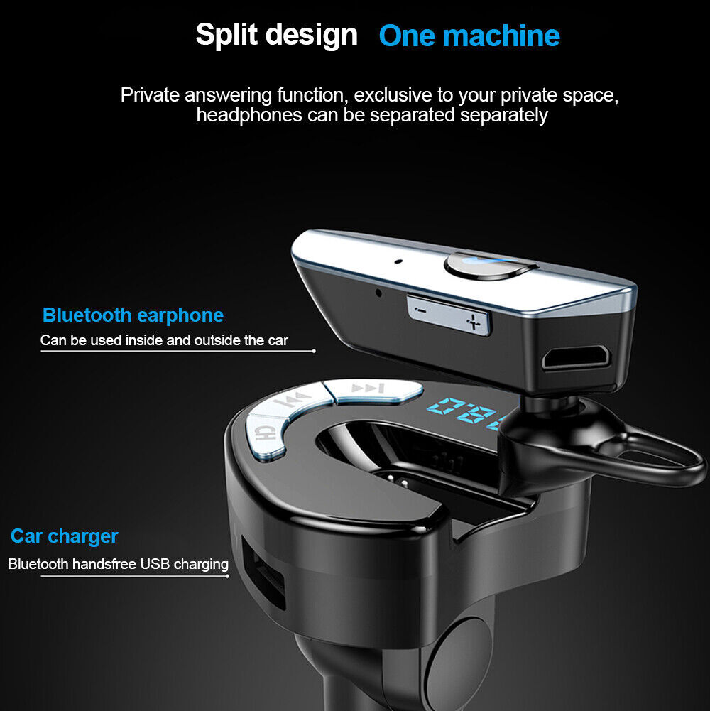 Bluetooth Headset Trucker Earpiece Headphones FM Transmitter Radio Car Charger