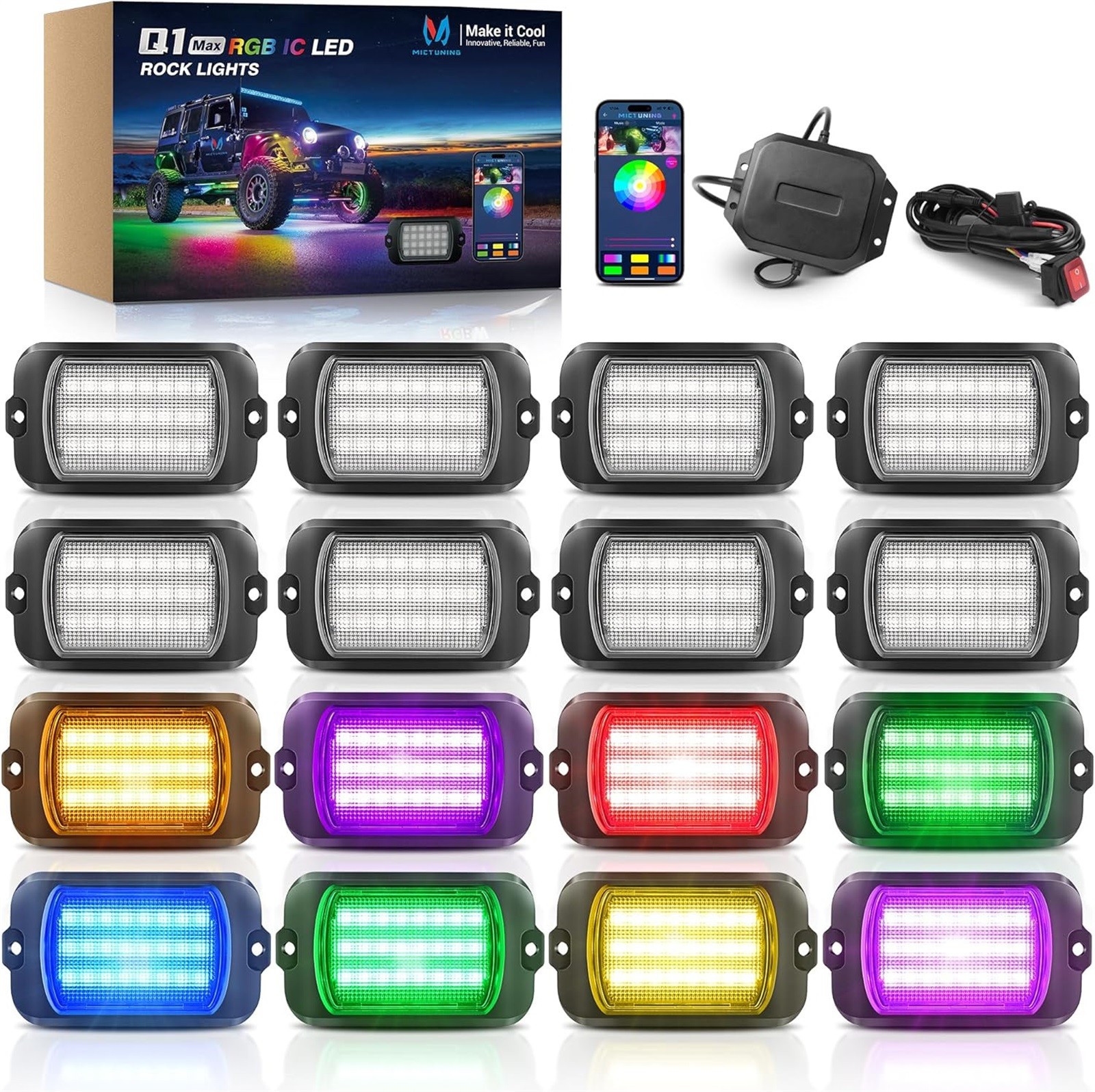 Q1 Max RGB+IC Rock Lights Chasing Dream Color – 16 Pods Underglow Lighting Kit