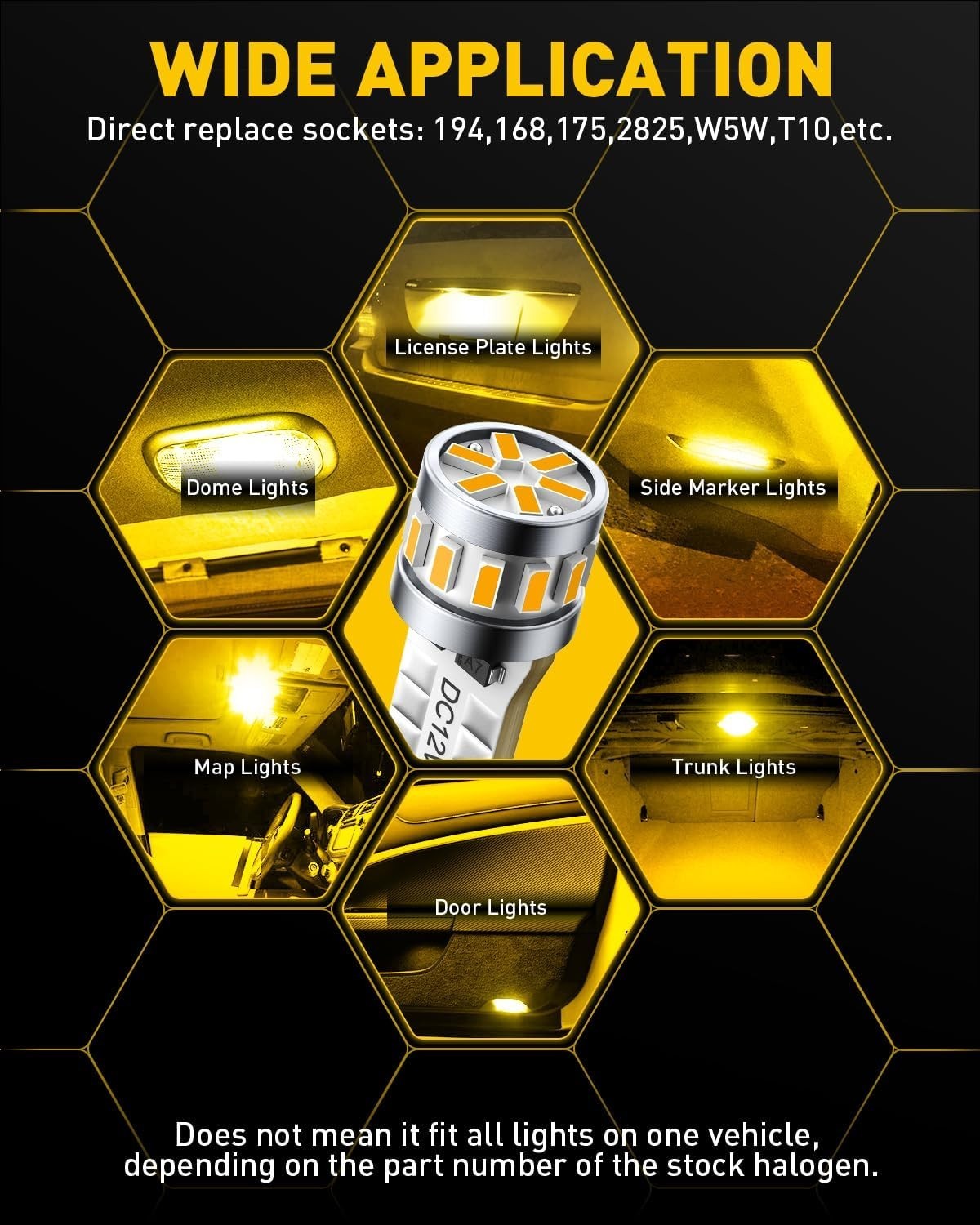 Compatible 194 LED Bulb Pack: 50,000 Hours Lifespan Amber Yellow Light for Cars