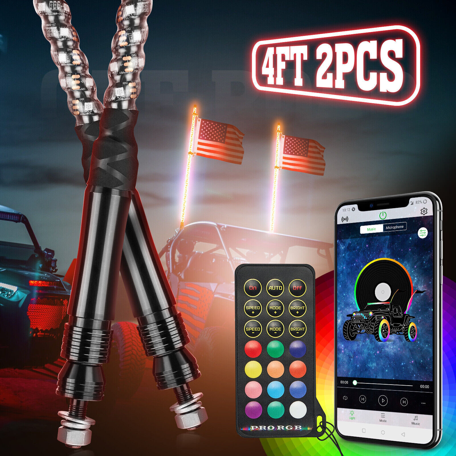 KEMIMOTO Pair 4FT Advanced Whip Lights Bluetooth/APP Control LED w/Flag UTV ATV