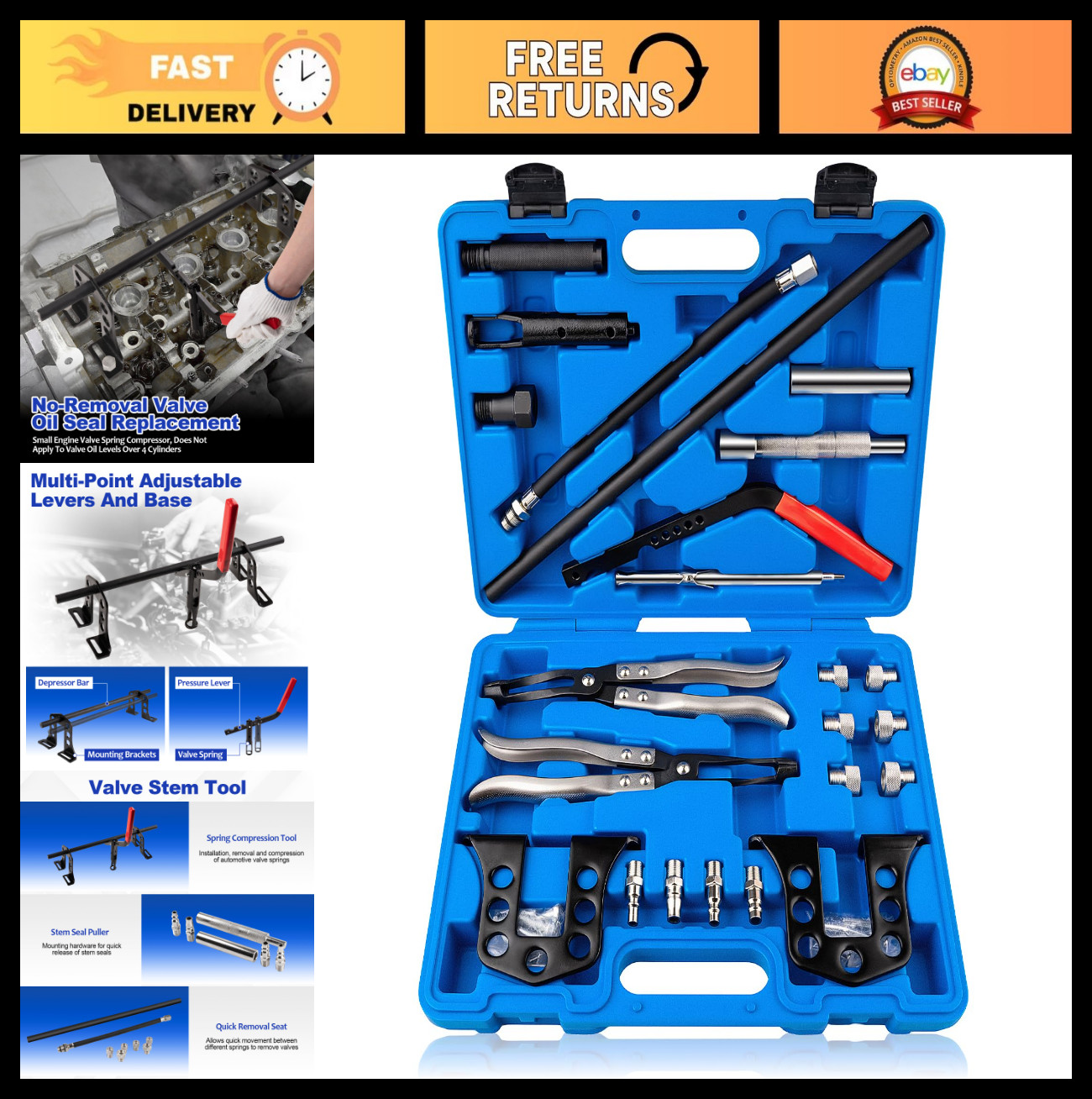 Heavy-Duty Valve Spring Compressor Tool Set, Steel OHV/OHC, 6 Adapters Included