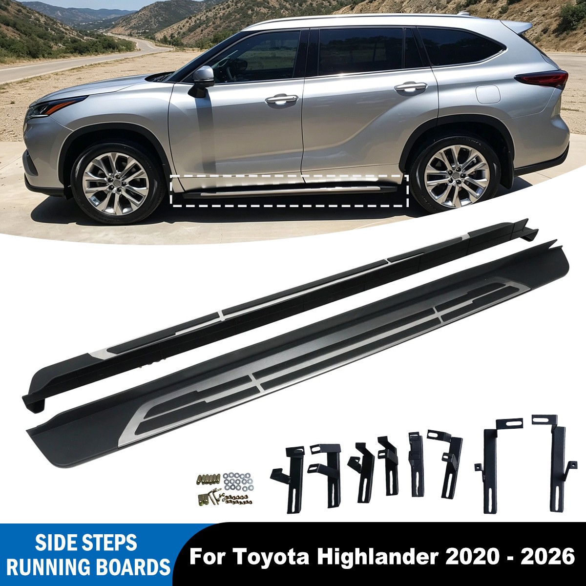 2X Running Boards Side Steps Nerf Bar For 2023 2024 2020-2026 Toyota Highlander