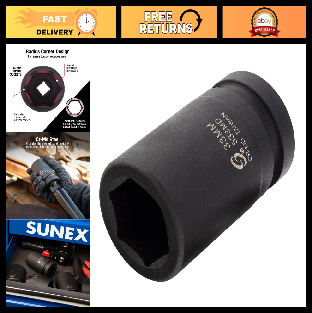 1″ Drive 33mm Deep Impact Socket – Cr-Mo Steel, Radius Corner, Chamfered Opening
