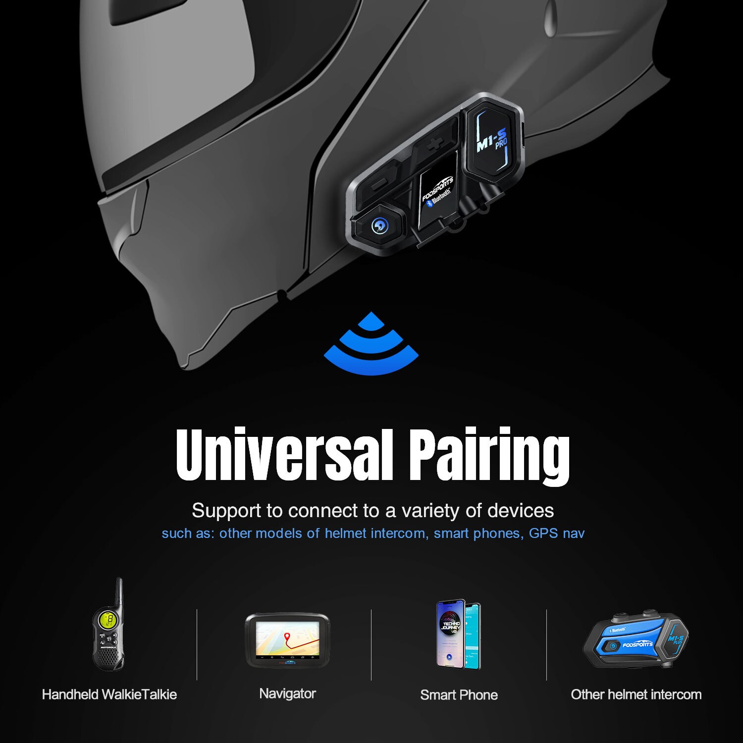 M1-S Pro Motorcycle Helmet Intercom Bluetooth Headset 8 Riders 2000m Interphone