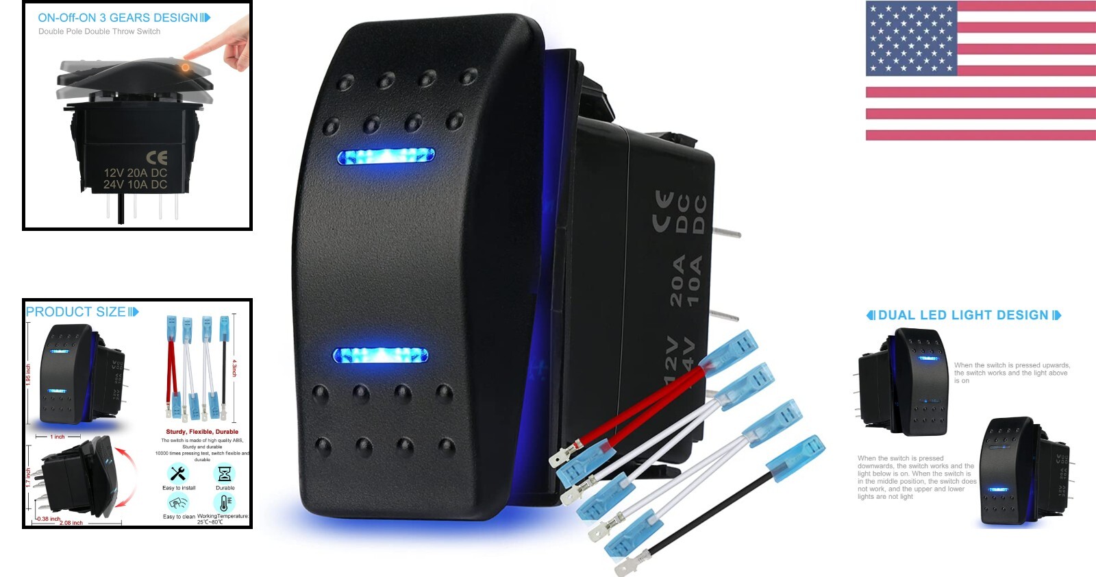 Waterproof Rocker Switch Toggle On-Off-On 12V/20A 24V/10A 7Pin DPDT Blue LED
