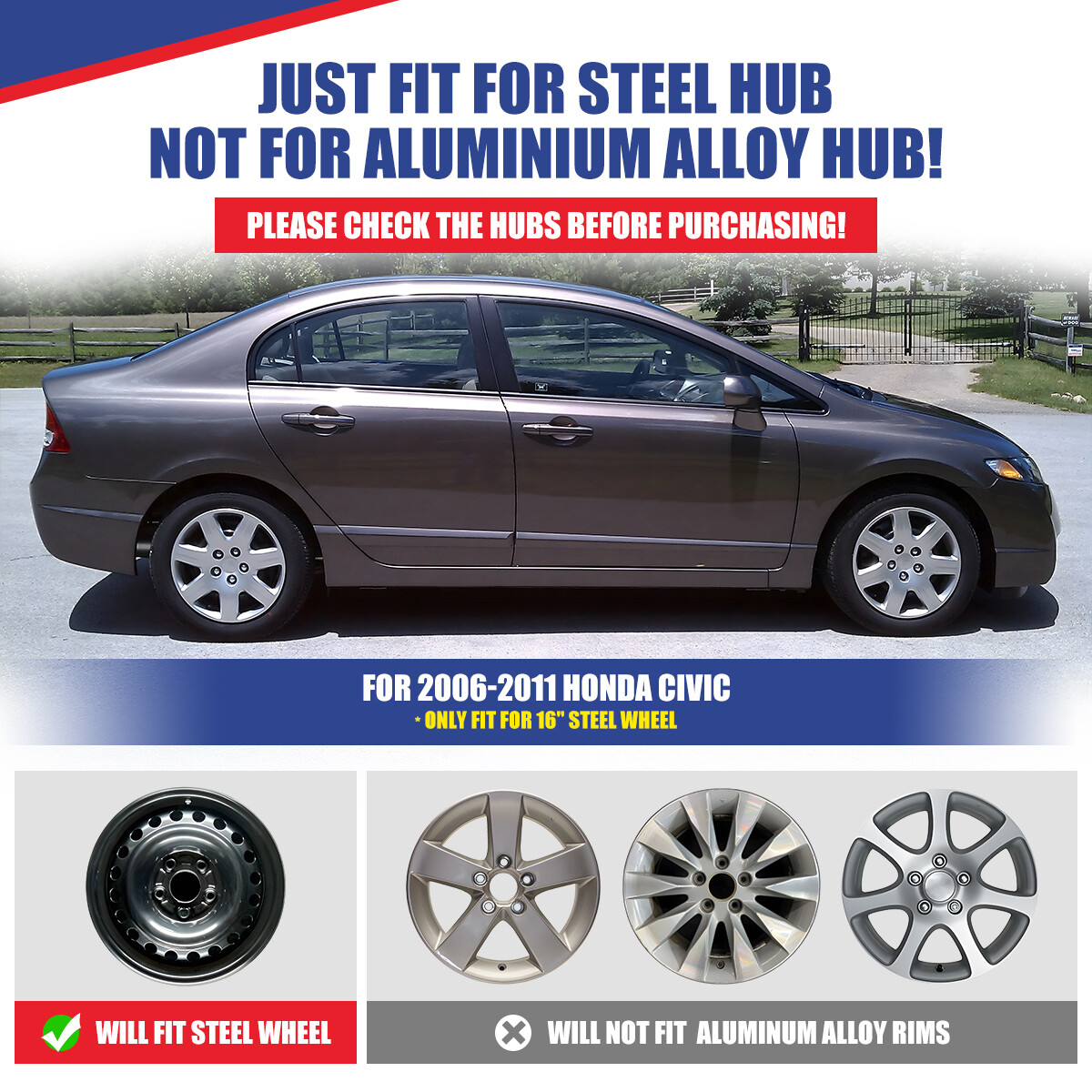16″ Set of 4 Black Hub Caps Full Rim Wheel Covers for 2006-2011 Honda Civic